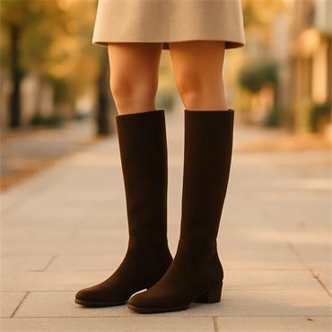 Wonders Fei Low Heel Long Boot - Brown Suede